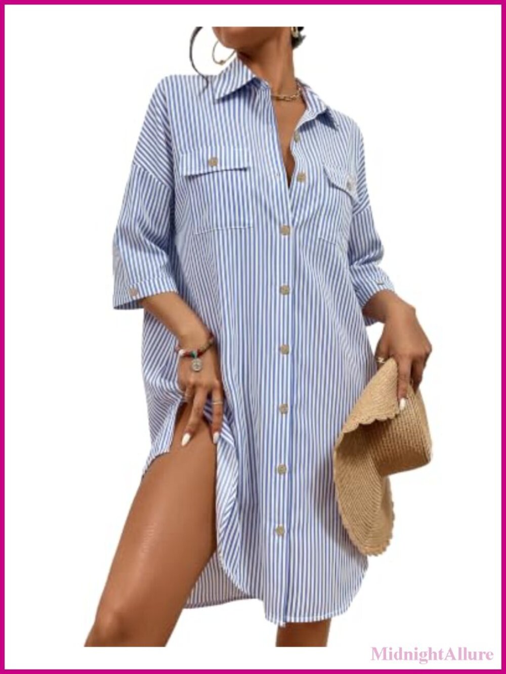 Womens Modern Swimsuit Cover Up Button Down Shirt Tunic Beach Blouse 3/4 Sleeve